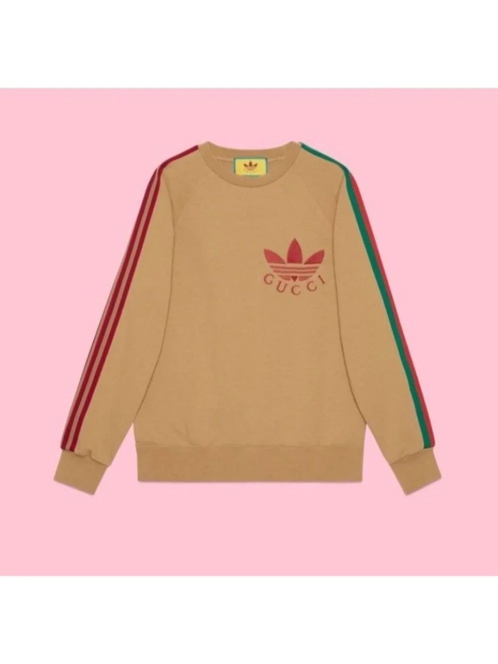 Gucci x Adidas Cotton Jersey Trefoil Sweatshirt Camel Brown Logo Sporty Preppy L